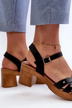 Sandały Damskie Na Obcasie Z Eko Skóry Czarne Assames