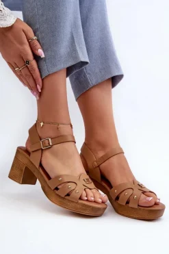 Sandały Damskie Na Obcasie Z Eko Skóry Brązowe Assames