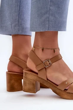 Sandały Damskie Na Obcasie Z Eko Skóry Brązowe Assames