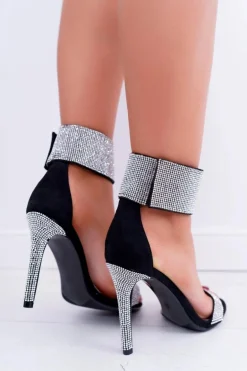 Sandały Damskie Na Obcasie Lu Boo Z Cyrkoniami Rzep Czarne Show