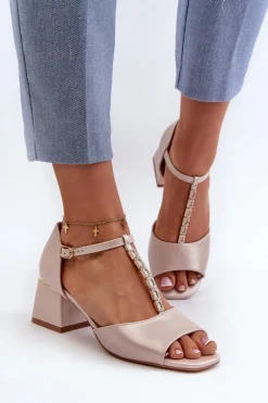 Sandały Damskie Na Obcasie Klocku Z Ozdobnym Paskiem Eko Skórzane Złote Obivena