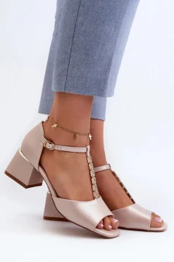 Sandały Damskie Na Obcasie Klocku Z Ozdobnym Paskiem Eko Skórzane Złote Obivena