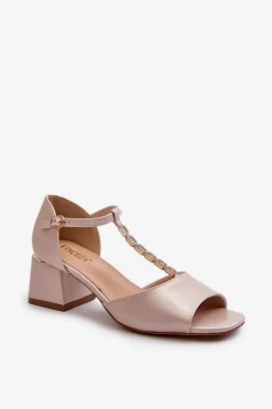 Sandały Damskie Na Obcasie Klocku Z Ozdobnym Paskiem Eko Skórzane Złote Obivena