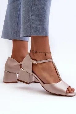 Sandały Damskie Na Obcasie Klocku Z Ozdobnym Paskiem Eko Skórzane Złote Obivena