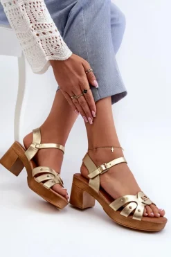 Sandały Damskie Na Obcasie Z Eko Skóry Złote Assames