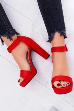 Sandały Damskie Na Obcasie Słupku Zamsz Czerwone ShakeUp