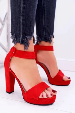 Sandały Damskie Na Obcasie Słupku Zamsz Czerwone ShakeUp