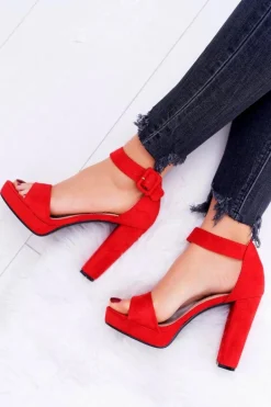 Sandały Damskie Na Obcasie Słupku Zamsz Czerwone ShakeUp