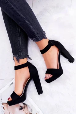 Sandały Damskie Na Obcasie Słupku Zamsz Czarne ShakeUp