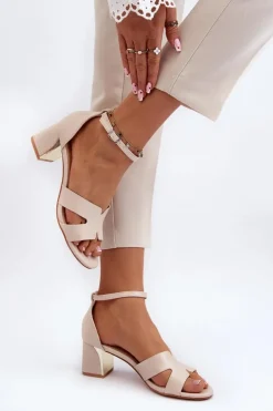 Sandały Damskie Na Obcasie Klocku Beżowe Irivana