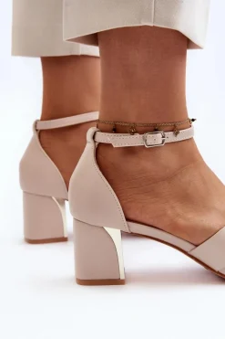 Sandały Damskie Na Obcasie Klocku Beżowe Irivana