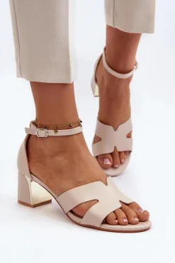Sandały Damskie Na Obcasie Klocku Beżowe Irivana