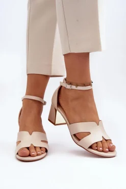 Sandały Damskie Na Obcasie Klocku Beżowe Irivana