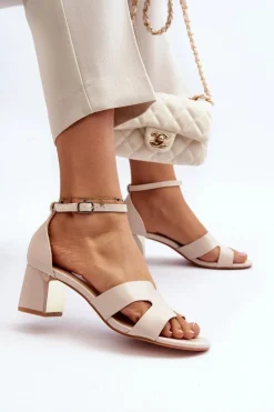 Sandały Damskie Na Obcasie Klocku Beżowe Irivana