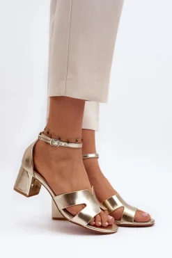 Sandały Damskie Na Obcasie Klocku Złote Irivana
