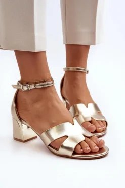 Sandały Damskie Na Obcasie Klocku Złote Irivana