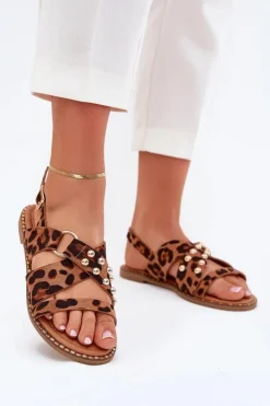 Sandały Damskie Na Płaskim Obcasie Ze Złotymi Ćwiekami Panterka Zanira