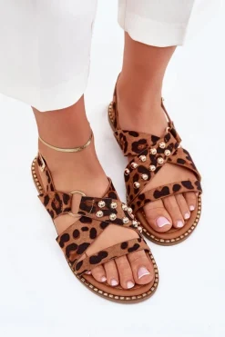 Sandały Damskie Na Płaskim Obcasie Ze Złotymi Ćwiekami Panterka Zanira