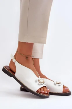 Sandały Damskie Na Płaskim Obcasie Z Ozdobą Białe Loraeleh