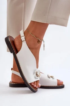Sandały Damskie Na Płaskim Obcasie Z Ozdobą Białe Loraeleh