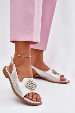 Sandały Damskie Na Płaskim Obcasie Z Ozdobnym Detalem S.Barski KV51-080 Srebrne