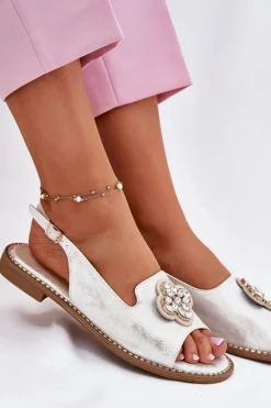 Sandały Damskie Na Płaskim Obcasie Z Ozdobnym Detalem S.Barski KV51-080 Srebrne