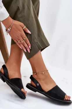 Sandały Damskie Na Płaskim Obcasie Eko Skórzane Czarne Dereka