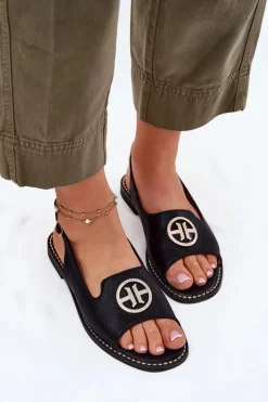 Sandały Damskie Na Płaskim Obcasie Z Ozdobą S.Barski KV51-002 Czarne