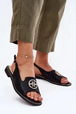 Sandały Damskie Na Płaskim Obcasie Z Ozdobą S.Barski KV51-002 Czarne