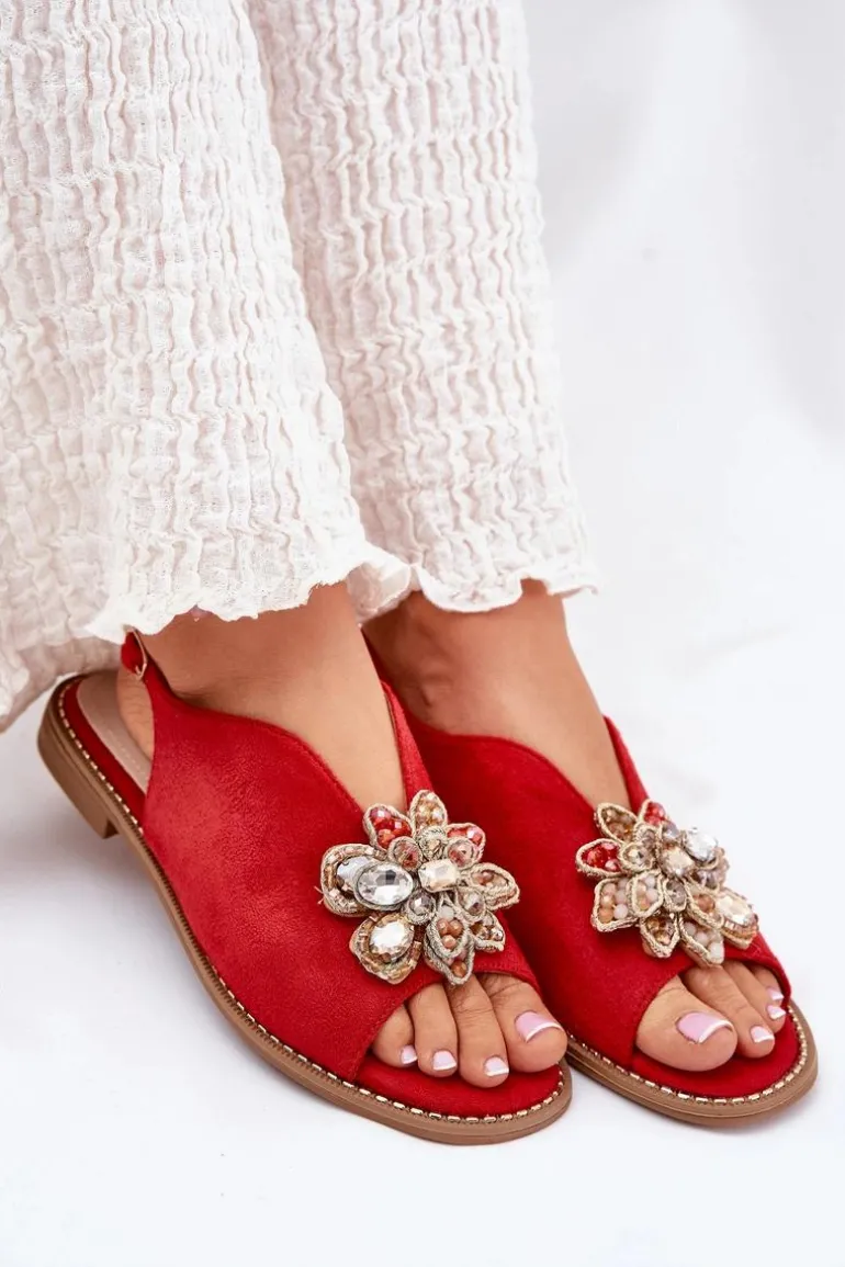 Sandały Damskie Na Płaskim Obcasie Z Ozdobą S.Barski KV27-001 Czerwone