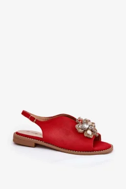 Sandały Damskie Na Płaskim Obcasie Z Ozdobą S.Barski KV27-001 Czerwone