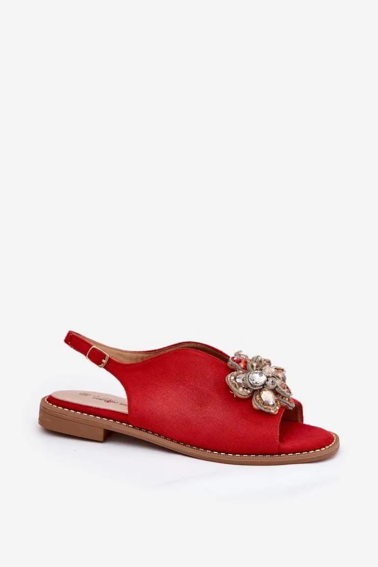 Sandały Damskie Na Płaskim Obcasie Z Ozdobą S.Barski KV27-001 Czerwone