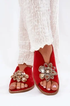 Sandały Damskie Na Płaskim Obcasie Z Ozdobą S.Barski KV27-001 Czerwone