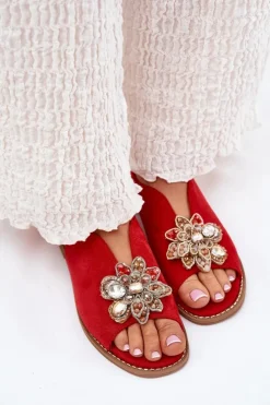 Sandały Damskie Na Płaskim Obcasie Z Ozdobą S.Barski KV27-001 Czerwone