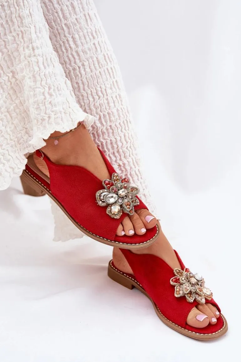 Sandały Damskie Na Płaskim Obcasie Z Ozdobą S.Barski KV27-001 Czerwone