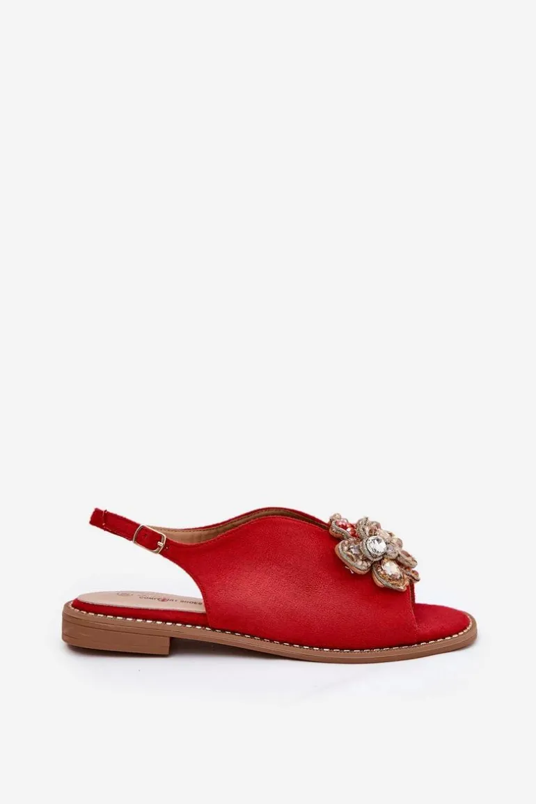 Sandały Damskie Na Płaskim Obcasie Z Ozdobą S.Barski KV27-001 Czerwone
