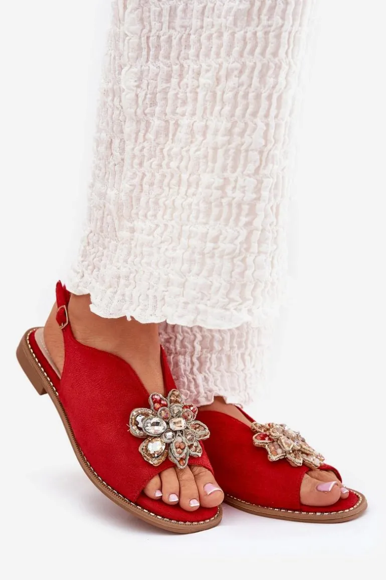 Sandały Damskie Na Płaskim Obcasie Z Ozdobą S.Barski KV27-001 Czerwone