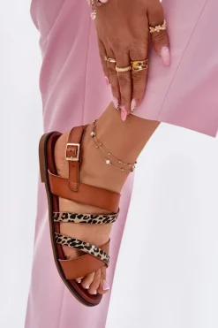 Sandały Damskie Na Płaskim Obcasie Z Paskami Panterka Sergio Leone SK086H Camel