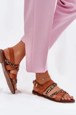 Sandały Damskie Na Płaskim Obcasie Z Paskami Panterka Sergio Leone SK086H Camel