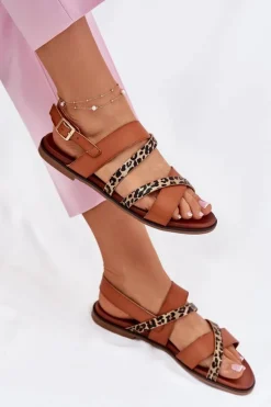 Sandały Damskie Na Płaskim Obcasie Z Paskami Panterka Sergio Leone SK086H Camel