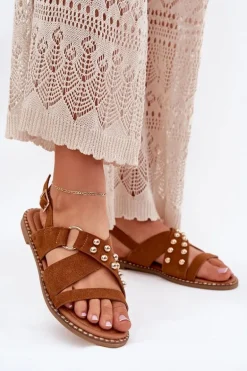 Sandały Damskie Na Płaskim Obcasie Ze Złotymi Ćwiekami Camel Zanira