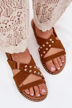 Sandały Damskie Na Płaskim Obcasie Ze Złotymi Ćwiekami Camel Zanira