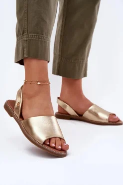 Sandały Damskie Na Płaskim Obcasie Eko Skórzane Złote Dereka