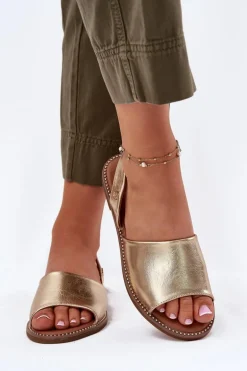 Sandały Damskie Na Płaskim Obcasie Eko Skórzane Złote Dereka