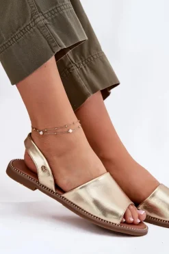 Sandały Damskie Na Płaskim Obcasie Eko Skórzane Złote Dereka