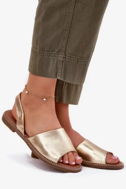 Sandały Damskie Na Płaskim Obcasie Eko Skórzane Złote Dereka