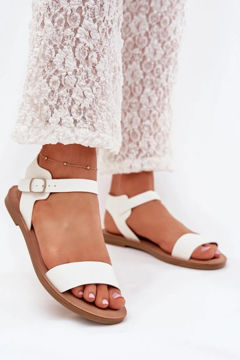 Sandały Damskie Na Płaskim Obcasie Eko Skórzane Białe Kivara