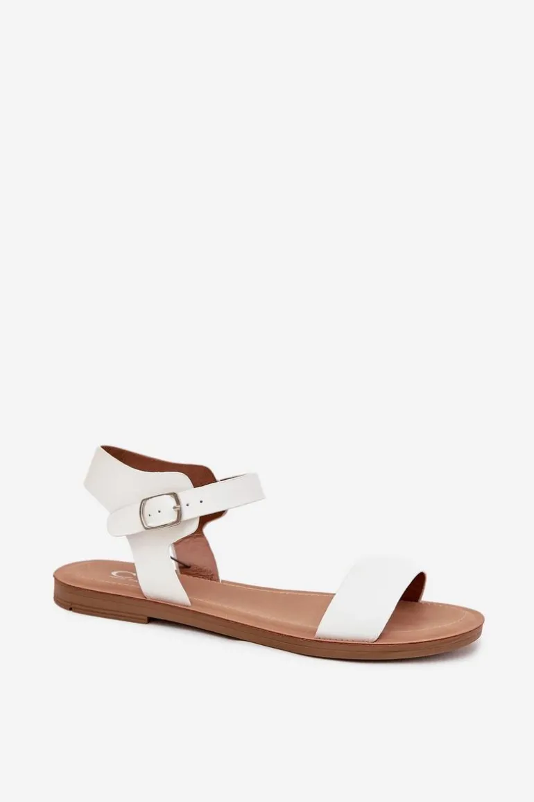 Sandały Damskie Na Płaskim Obcasie Eko Skórzane Białe Kivara