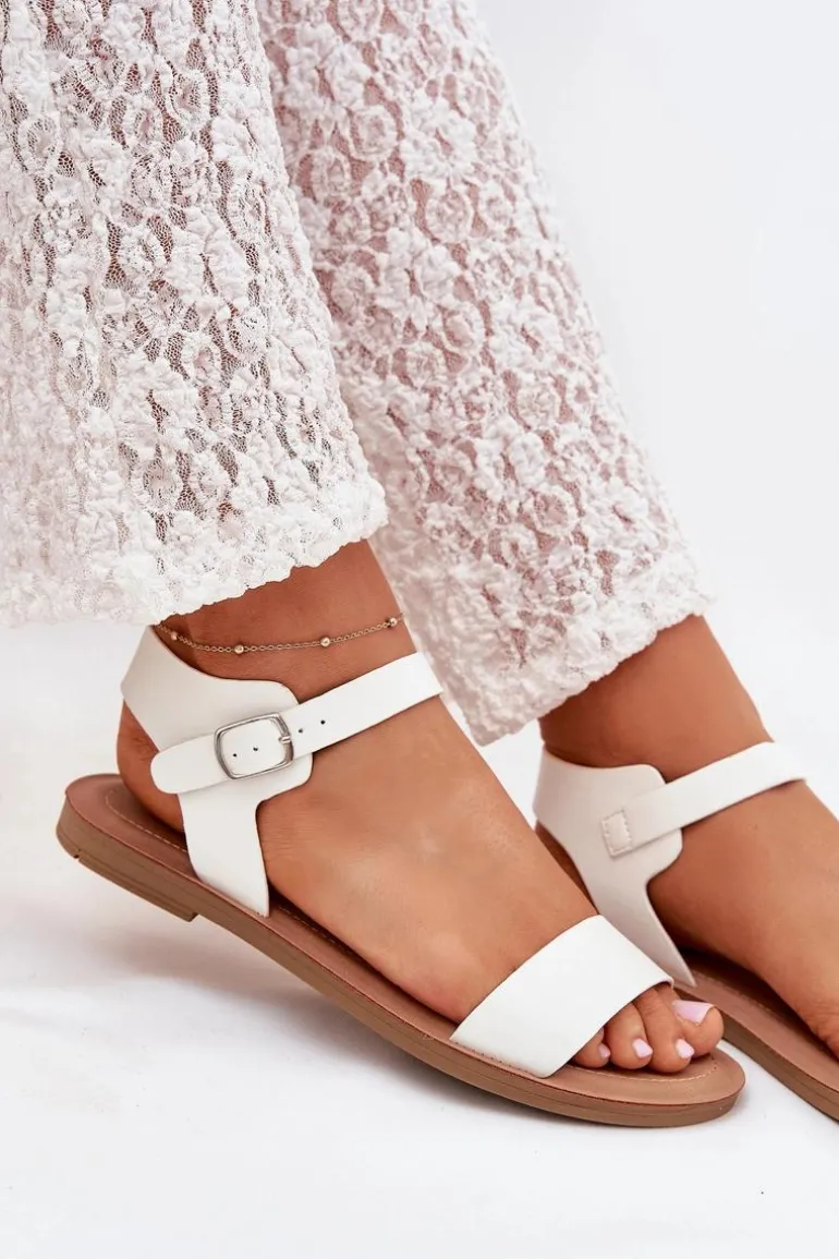Sandały Damskie Na Płaskim Obcasie Eko Skórzane Białe Kivara