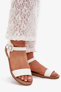 Sandały Damskie Na Płaskim Obcasie Eko Skórzane Białe Kivara